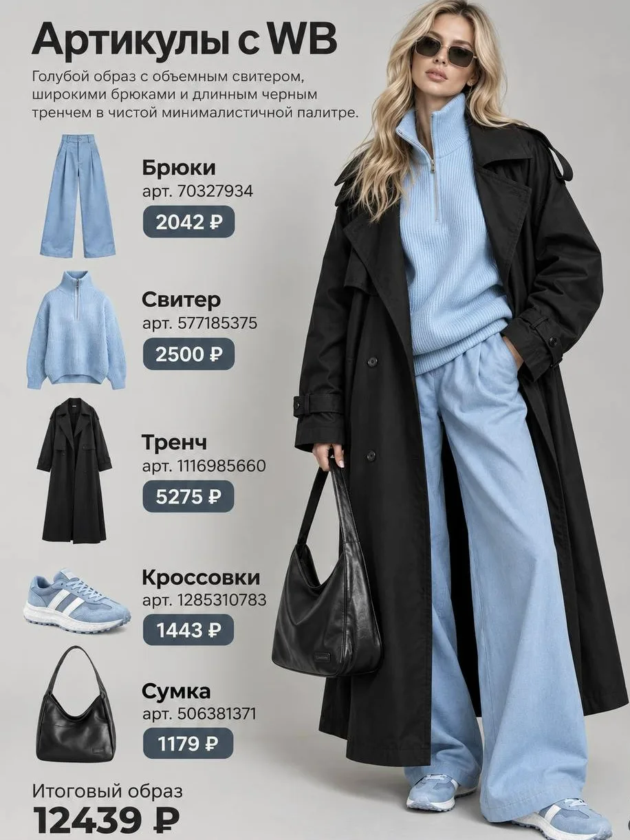 Голубой образ с черным тренчем и кроссовками❤