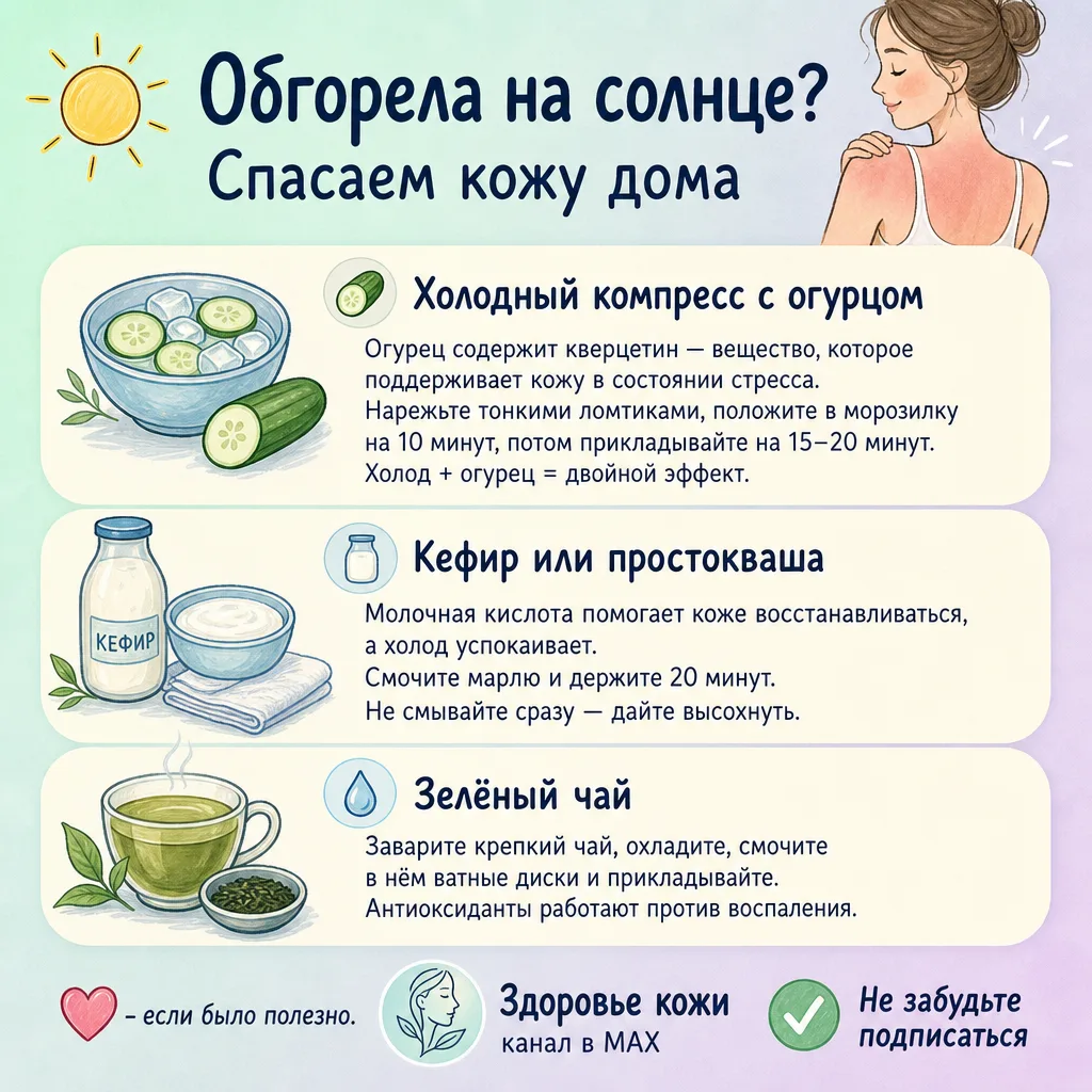☀️ Обгорела на солнце? Спасаем кожу дома

Солнечный ожог — это воспаление, и коже нужна срочная помо