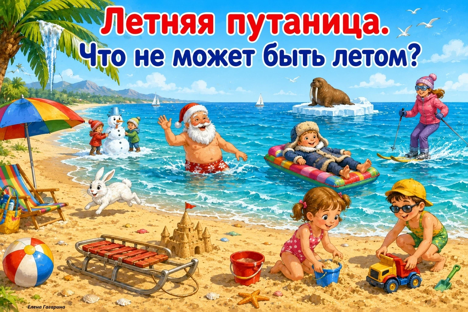 На пляже всё как обычно: море, песок, дети… и Дед Мороз 😂🎅

А рядом морж на льдине, санки в песке,