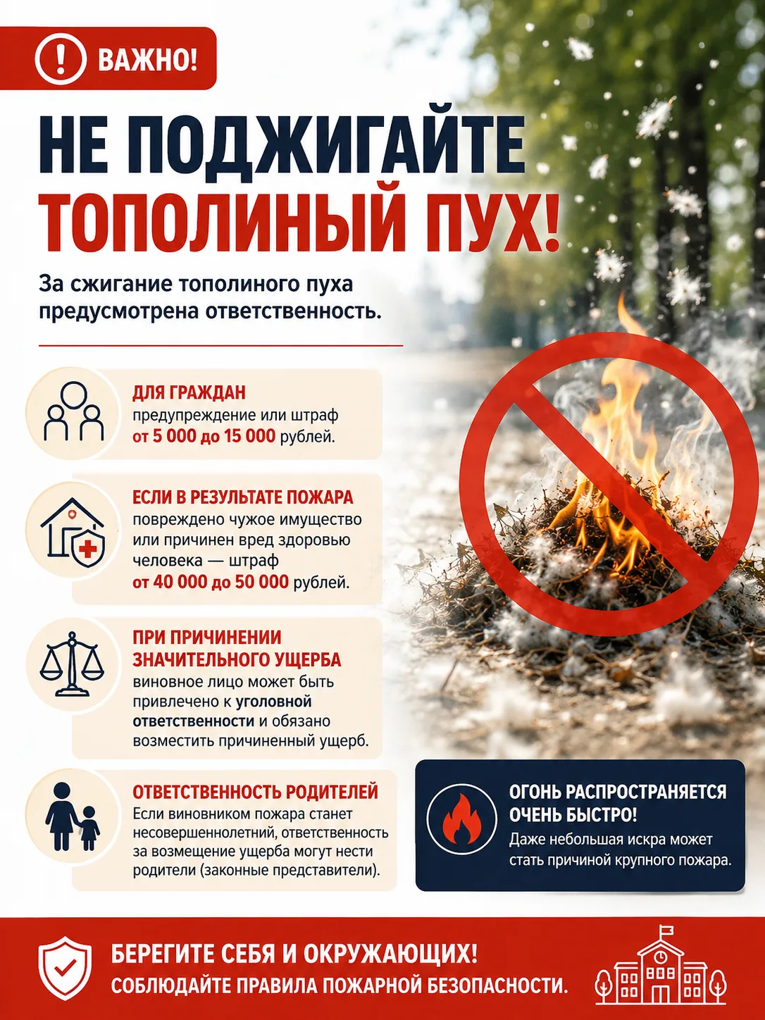⚠️ Не поджигайте тополиный пух!
Поджог тополиного пуха может привести к серьезным последствиям: огон