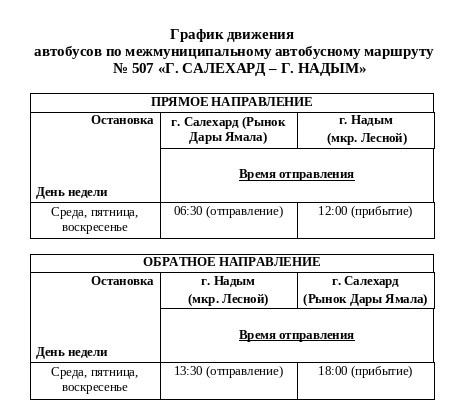 📌Расписание автобусов по межмуниципальным маршрутам

✅г. Салехард - г. Надым № 507* (смотри картинк