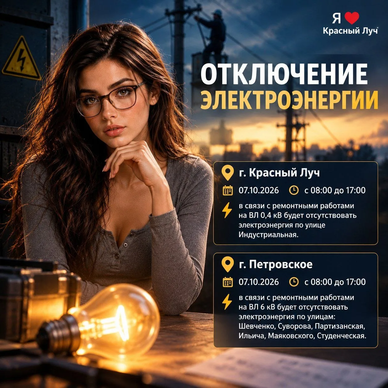 г. Красный Луч — 07.10.2026 с 08:00 до 17:00 в связи с ремонтными работами на ВЛ 0,4 кВ...