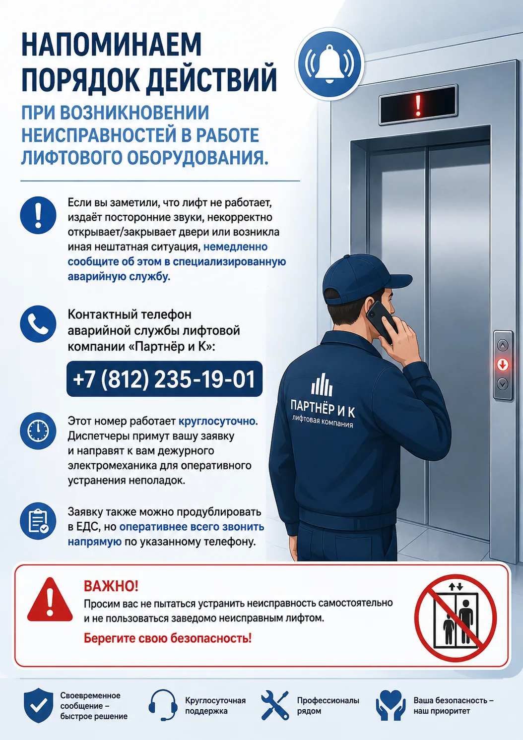 Порядок действий при возникновении неисправностей в работе лифтового оборудования.
