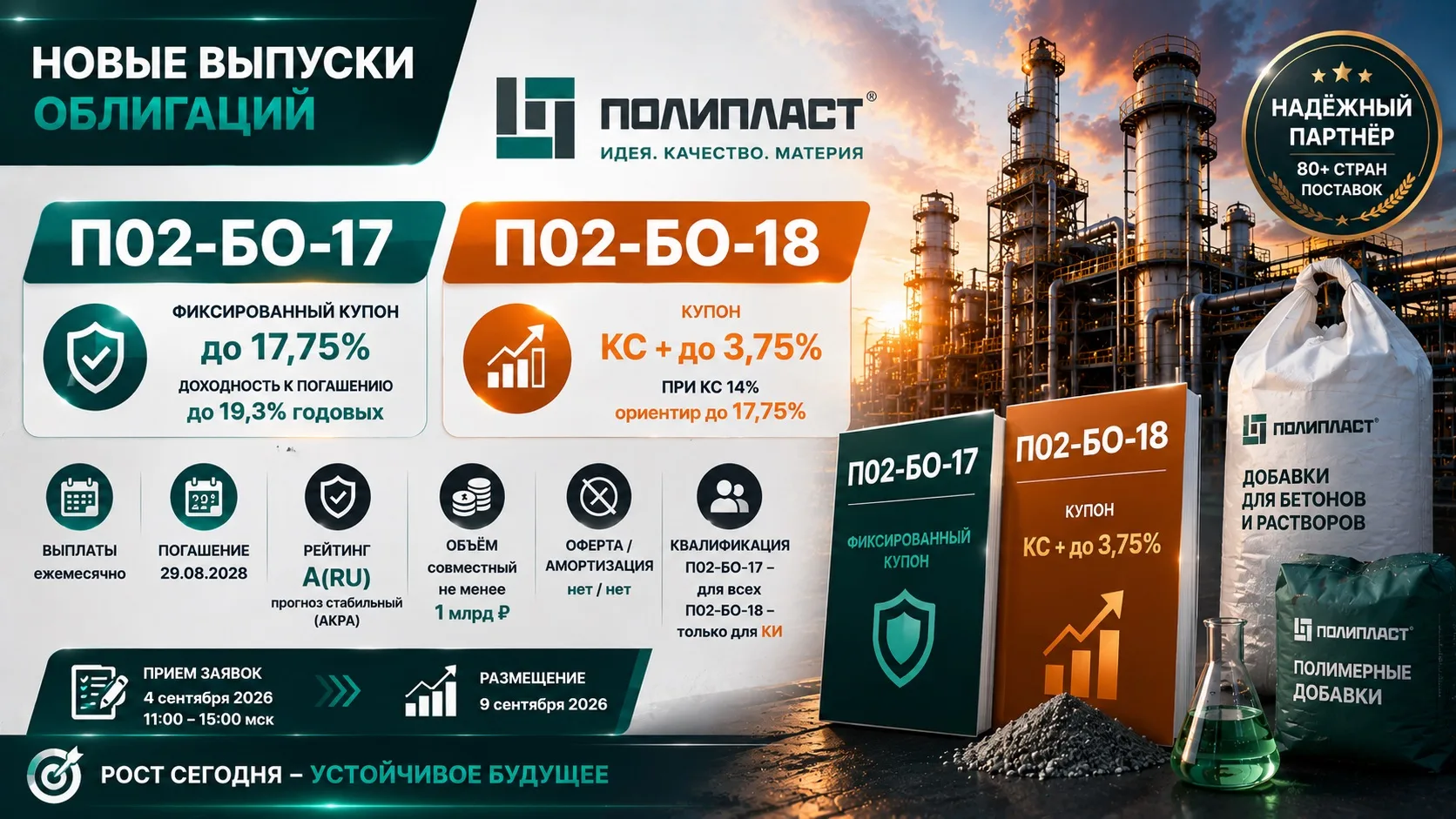👨‍💻 Новые выпуски облигаций Полипласт П02-БО-17 и П02-БО-18