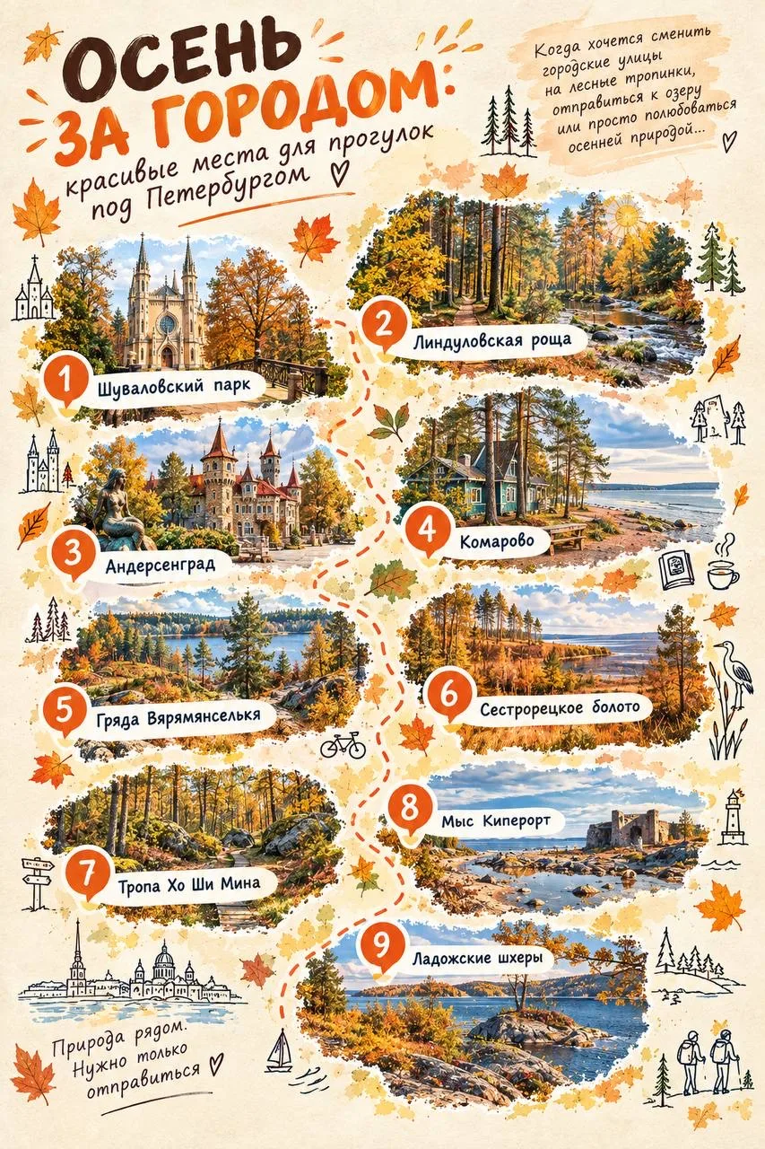 🍁 Осень за городом: красивые места для прогулок под Петербургом