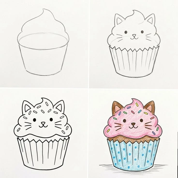 #рисование
Пошаговый рисунок. Капкейк в виде котика.

РИС