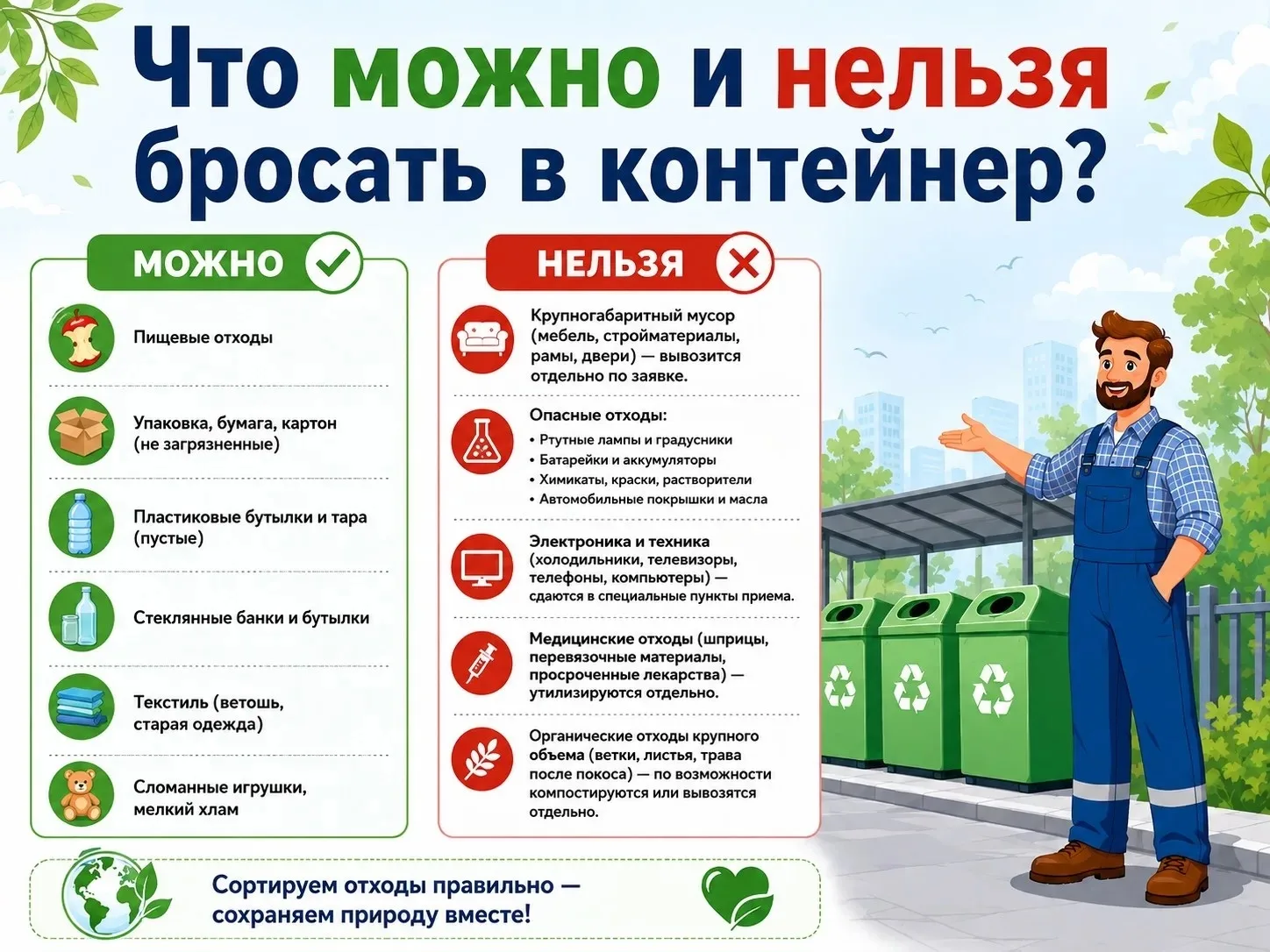 Не выбрасывайте опасные и крупные отходы в обычный бак — это нарушение закона (штрафы д...