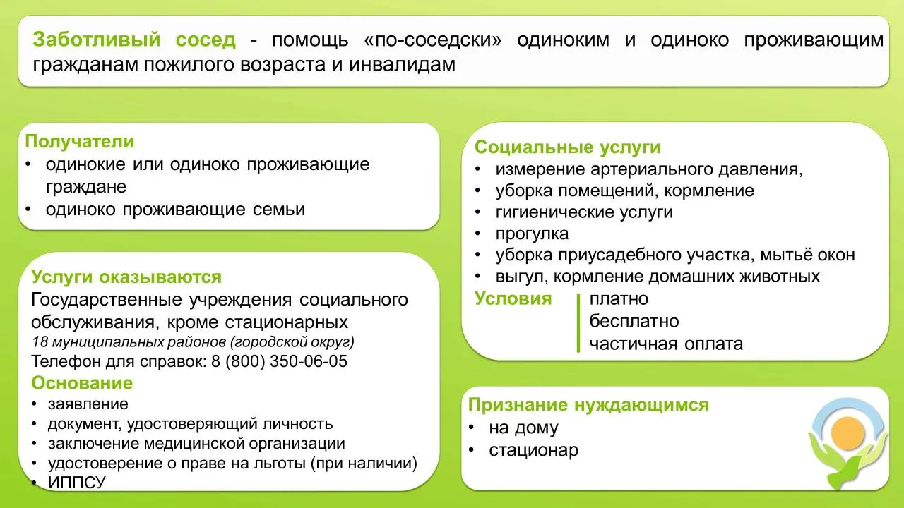 Услуга «Заботливый сосед» предоставляется людям, нуждающимся в помощи и уходе . Стать Вашим « Заботл