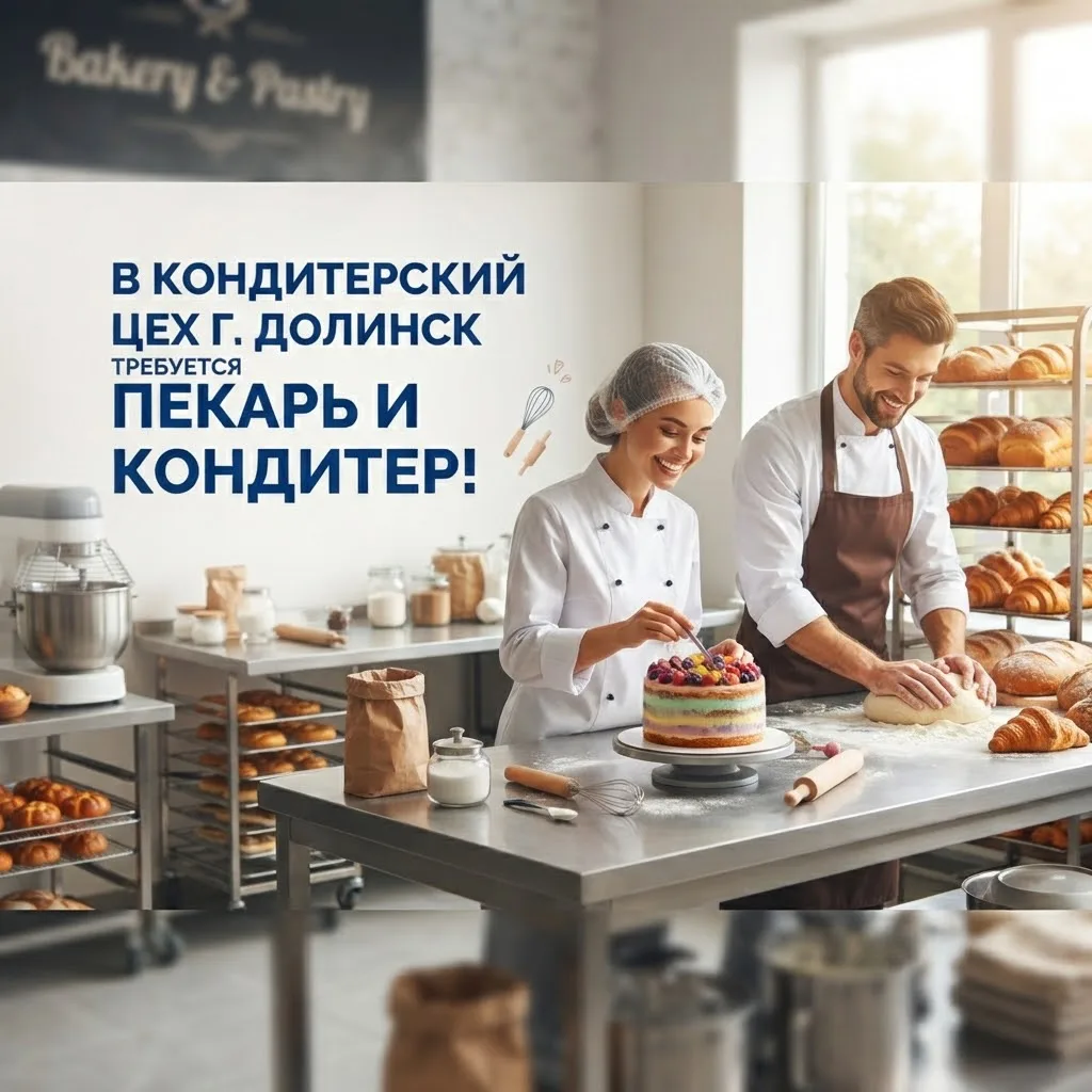 🧁В кондитерский цех г. Долинск приглашаются пекарь и кондитер!🍩
