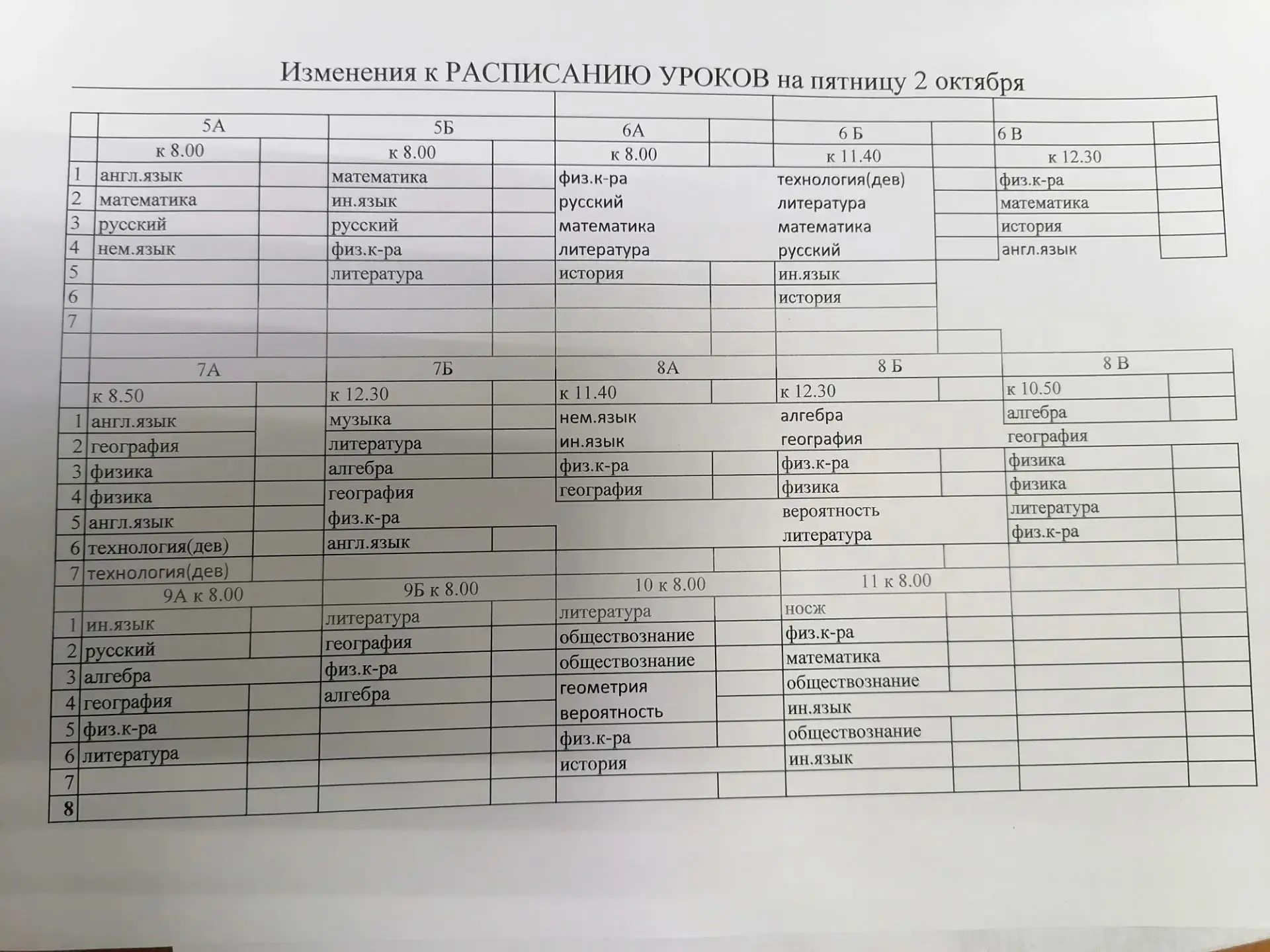 Расписание на 2 октября