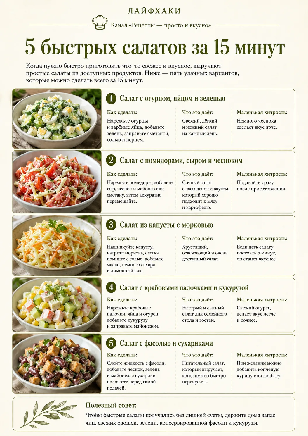 🥗✨ 5 БЫСТРЫХ САЛАТОВ ЗА 15 МИНУТ ⏱️😋

Когда хочется чего-нибудь вкусного, свежего и сытного, а дол
