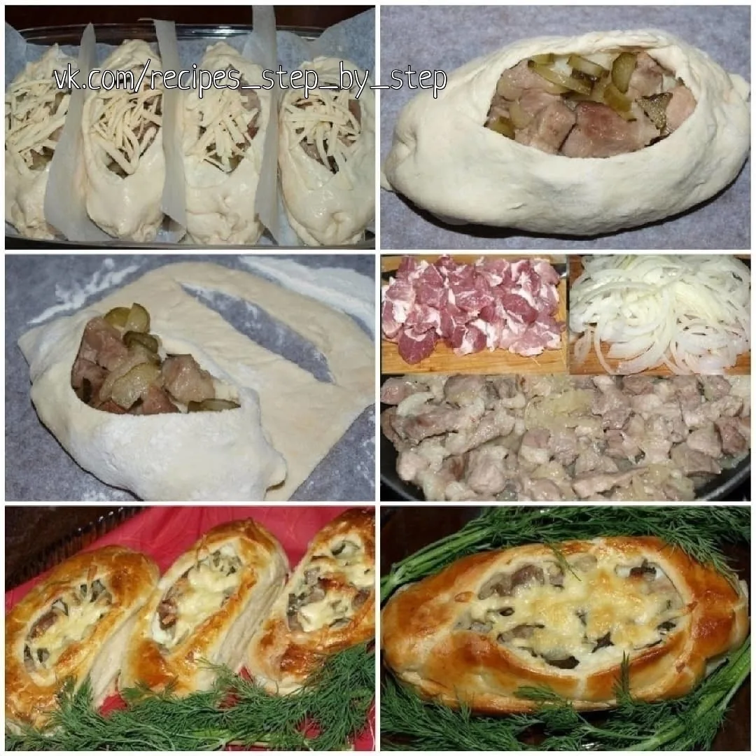 Лодочки из слоеного теста с картофелем, мясом и огурчиками