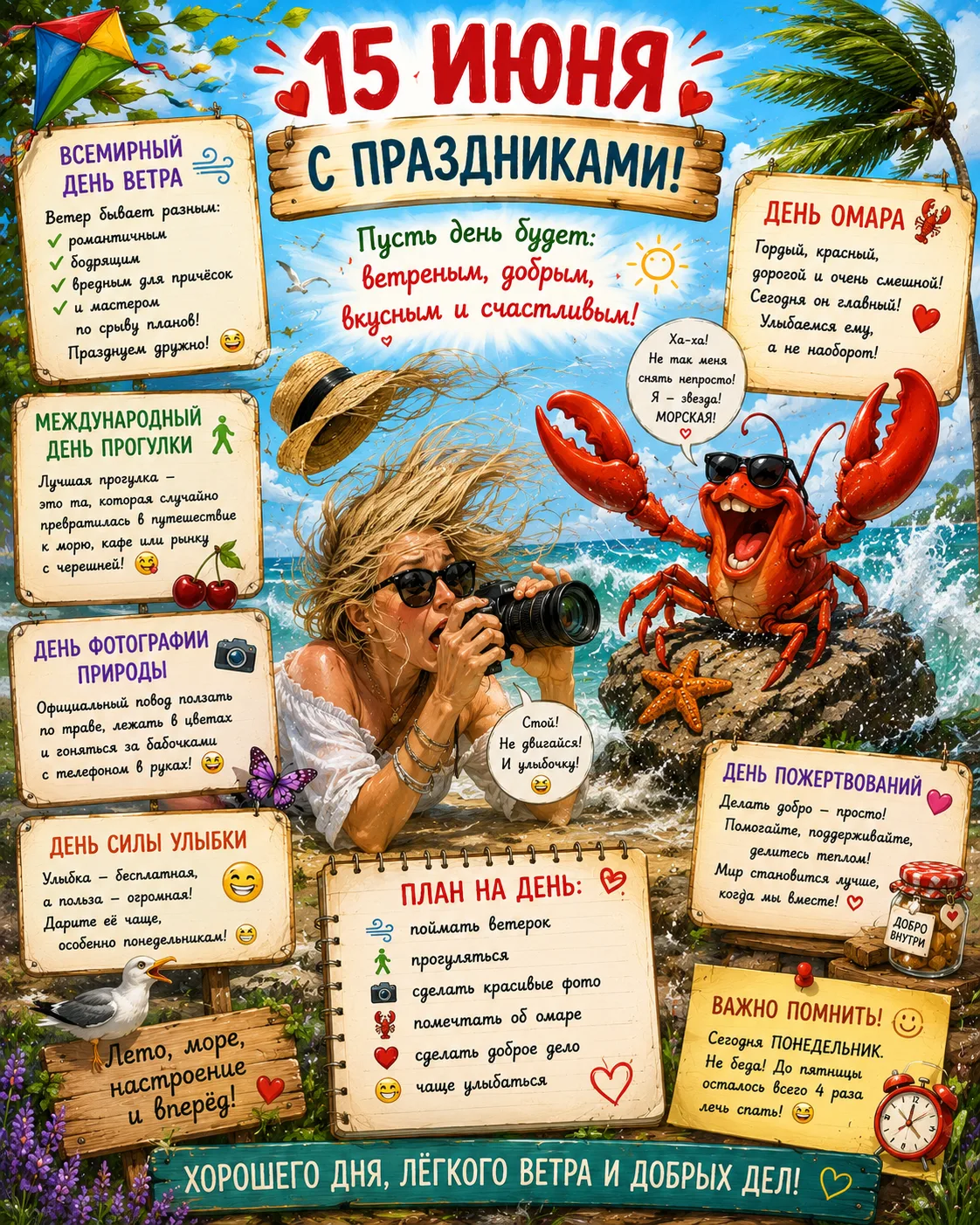 15 июня — день, когда можно гулять, улыбаться, фотографировать природу, есть омаров и делать добрые 