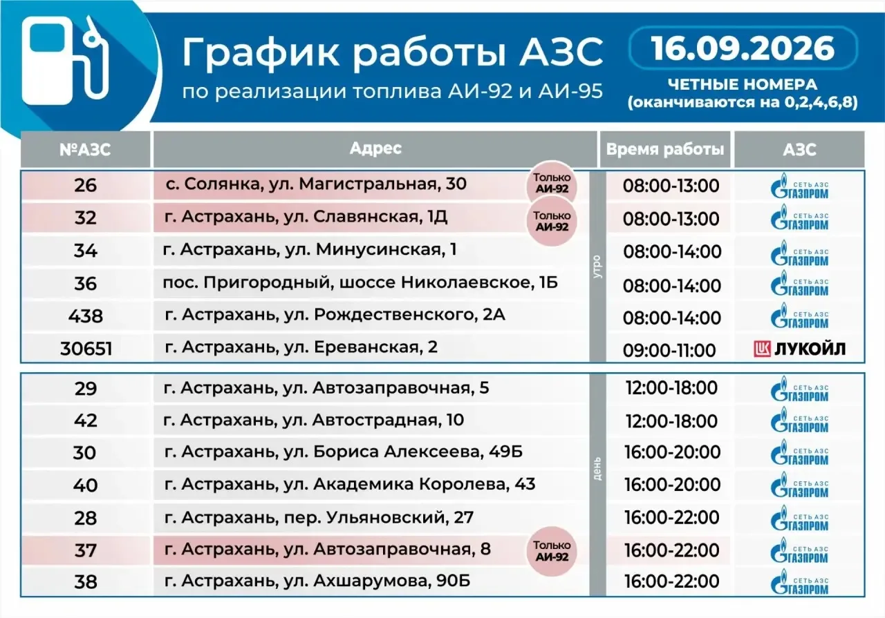 Актуальный график работы АЗС на 16 сентября.
