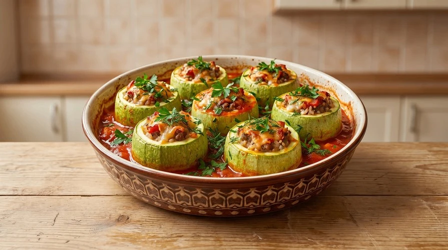 Фаршированные кабачки в сковороде — Сочные кабачки с мясо-рисовой начинкой, тушёные с картофелем в т