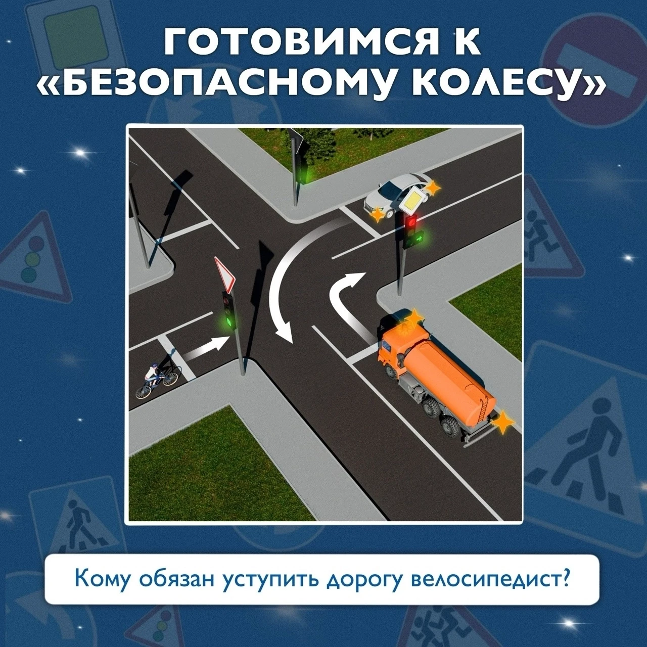 ✨Готовимся к «Безопасному колесу»✨

Перед вами перекрёсток, на котором встретились три транспортных 