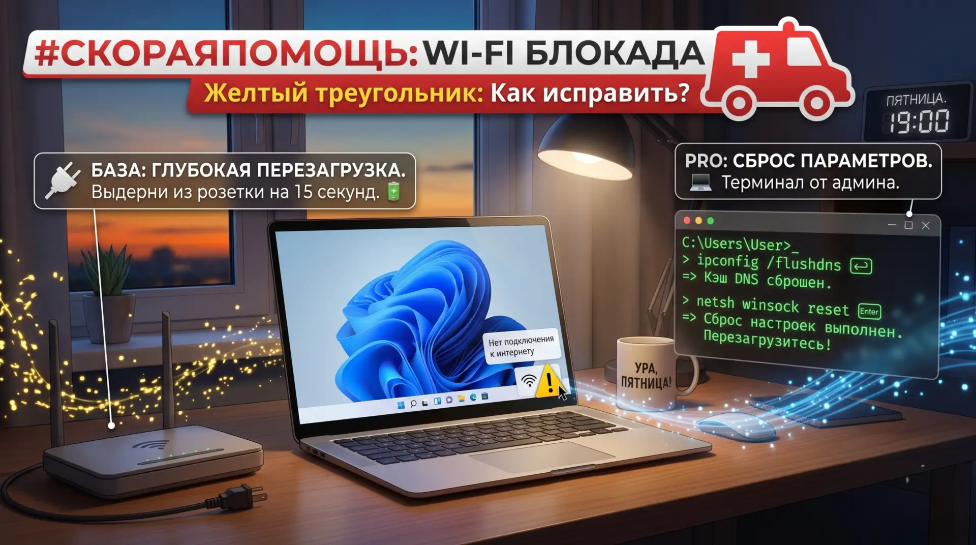 ⚠️ #СкораяПомощь: Пропал интернет (Wi-Fi). Желтый треугольник на иконке: что делать? 

Вечер пятницы