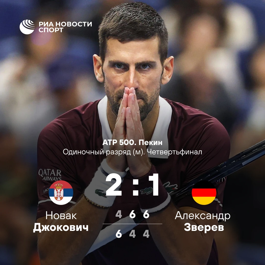 🎾 Джокович обыграл Зверева в матче 1/4 финала «пятисотника»