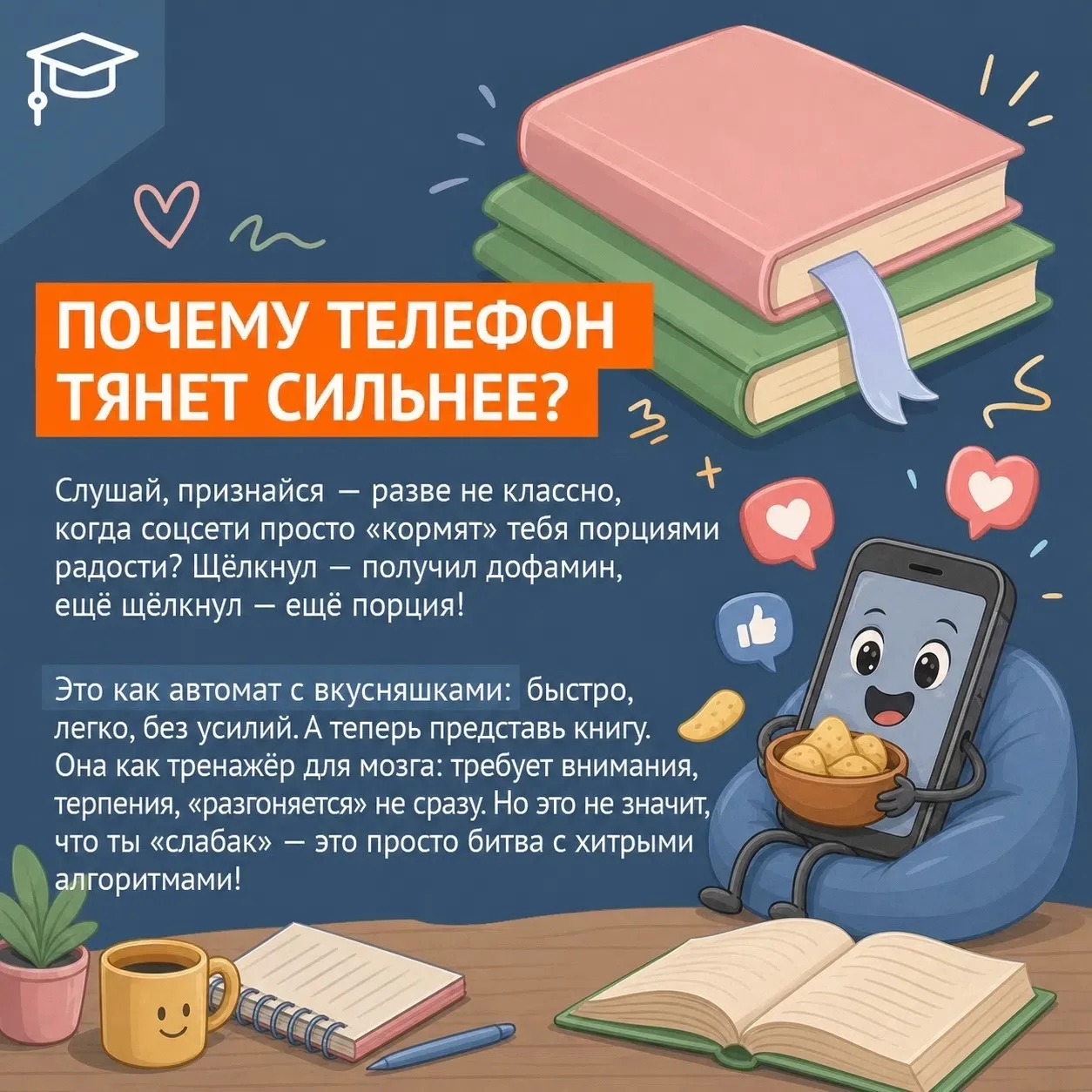 📱📘Телефон против книги: что сильнее притягивает наше внимание — бесконечная лента соцсетей или мир