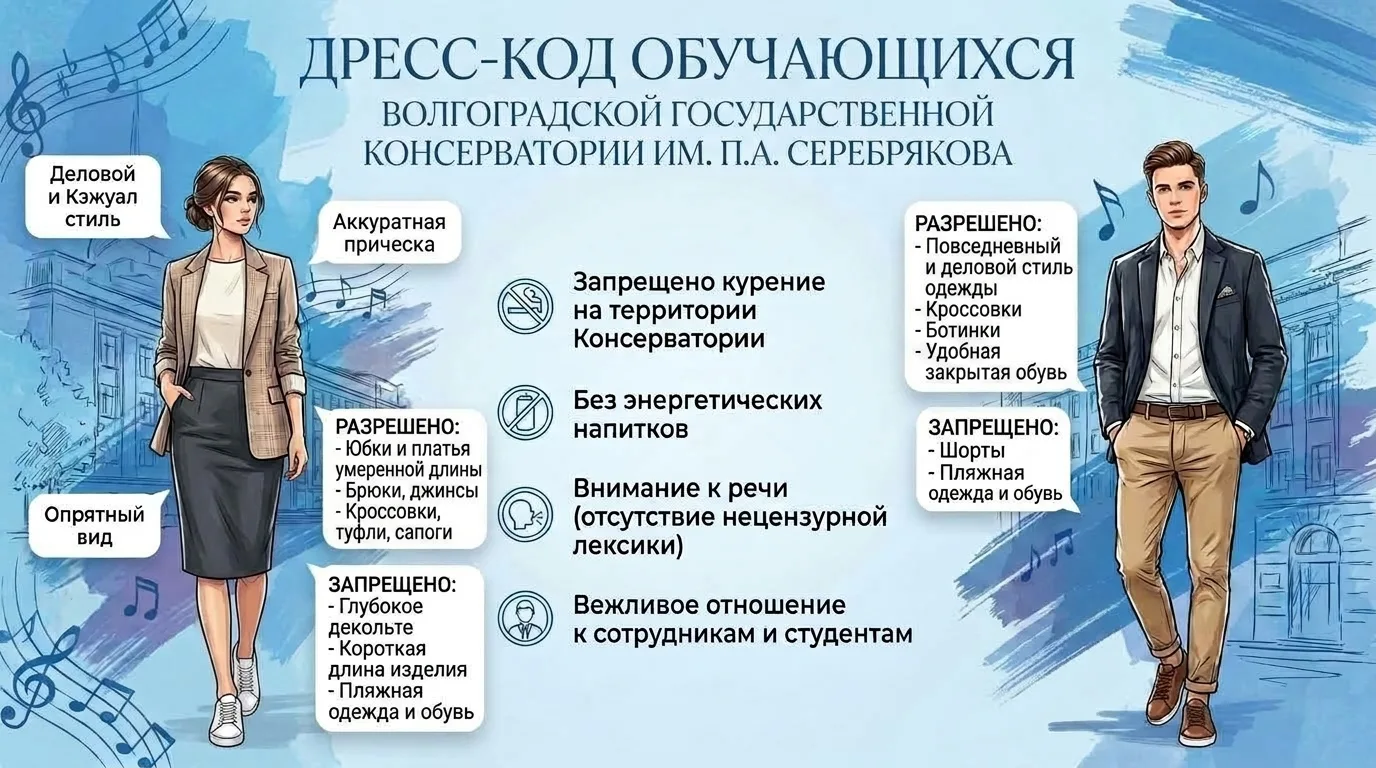 🎻 Дресс‑код обучающихся Волгоградской консерватории им. П. А. Серебрякова: основные тр...