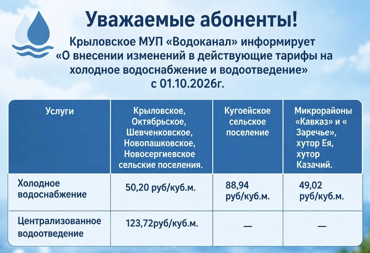 С 1 октября в Крыловском районе изменятся тарифы на водоснабжение