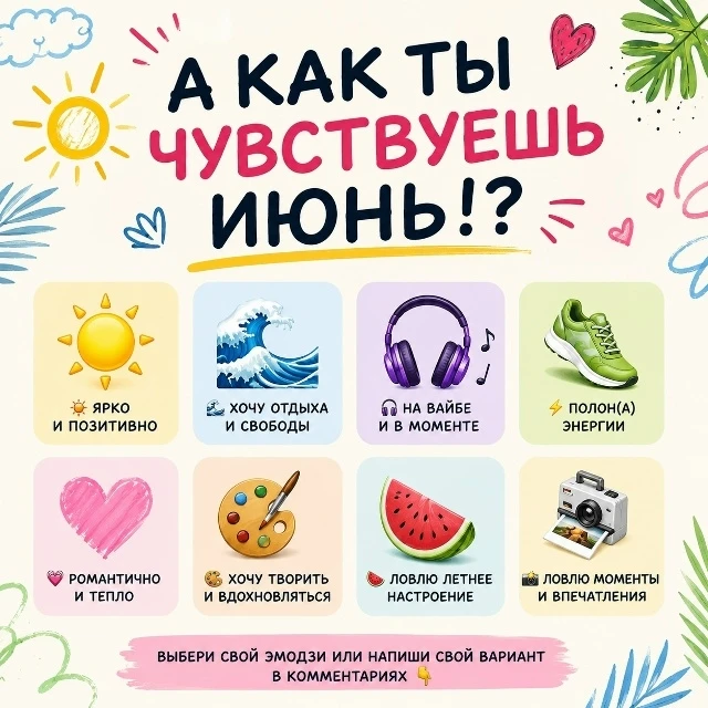 🔅 яркое лето
 🌊 отдых и свобода
 🎧 музыка и вайб
 🏀 активность и движ
 🎨 творчество
 🍉 летнее 