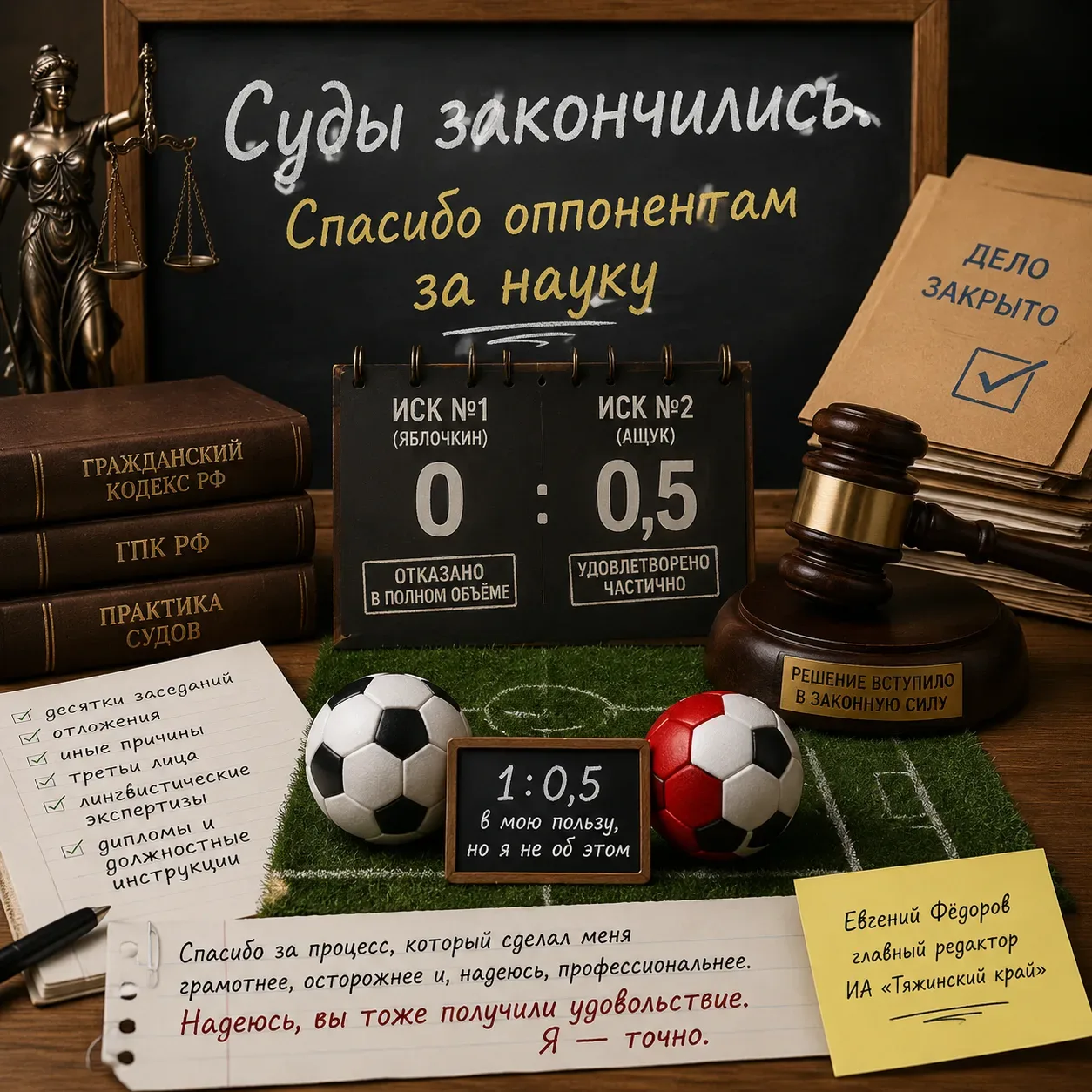 ⚖️ Суды закончились. Спасибо оппонентам за науку

Сегодня Тяжинский районный суд вынес финальное реш