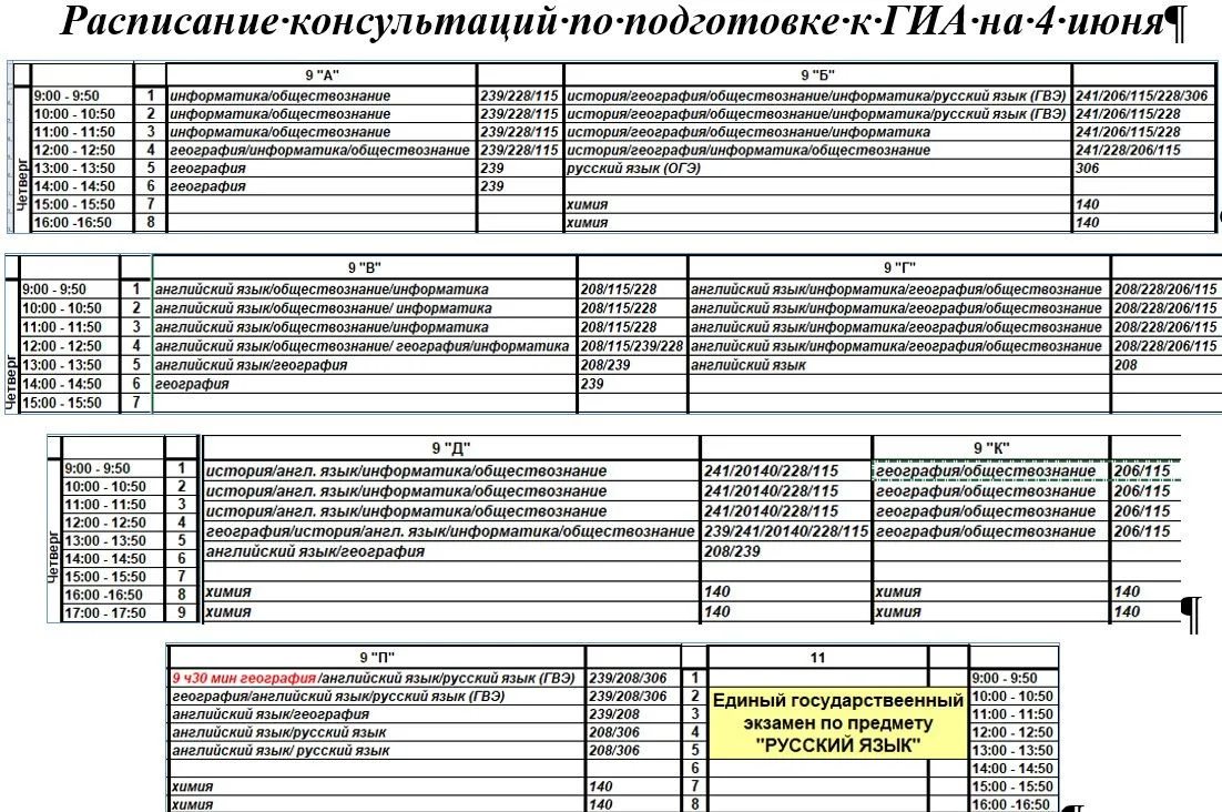 Добрый день, расписание консультаций по подготовке к ГИА обучающихся 9-х и 11 класса на 4 июня