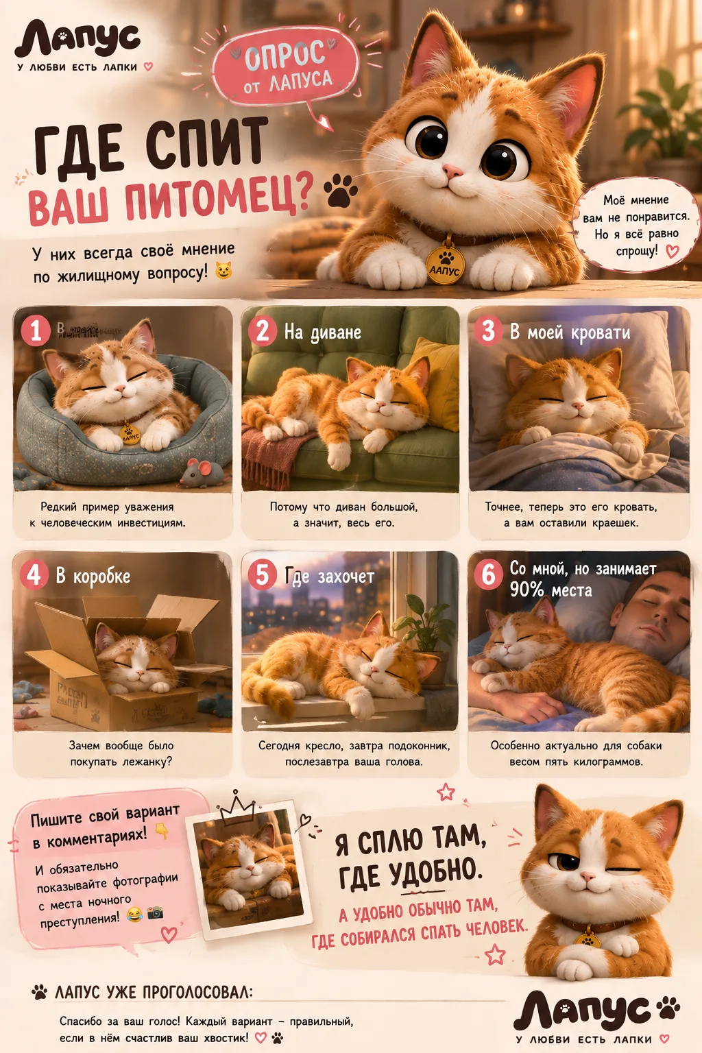 🐾 **ОПРОС ОТ ЛАПУСА: ГДЕ СПИТ ВАШ ПИТОМЕЦ?**