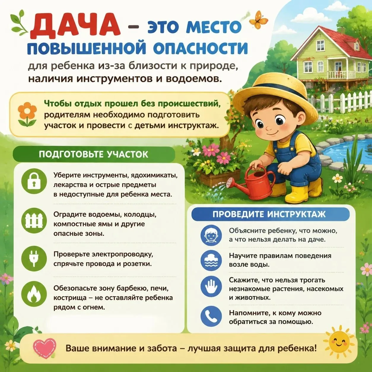 🚨 Внимание! Дача — зона повышенной опасности. 

Открытые окна, колодцы, печи и доступная химия треб