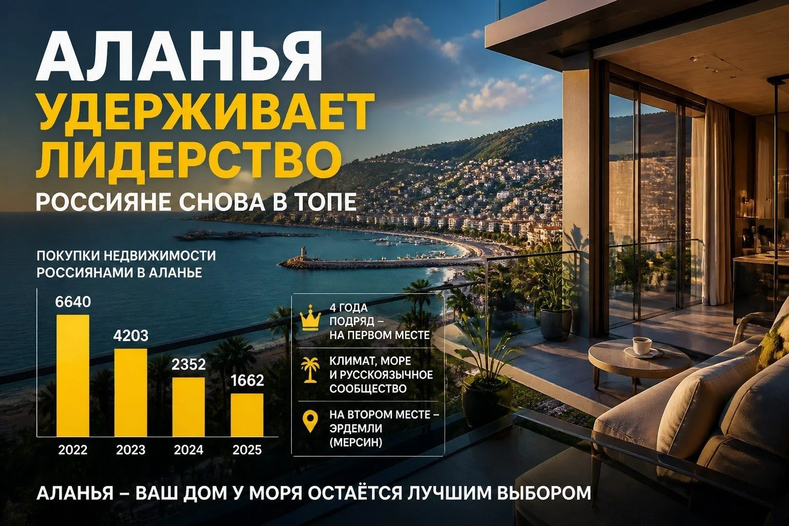 🏡 Аланья удерживает лидерство: россияне снова в топе

📊 С 2022 года граждане РФ приобрели в Аланье