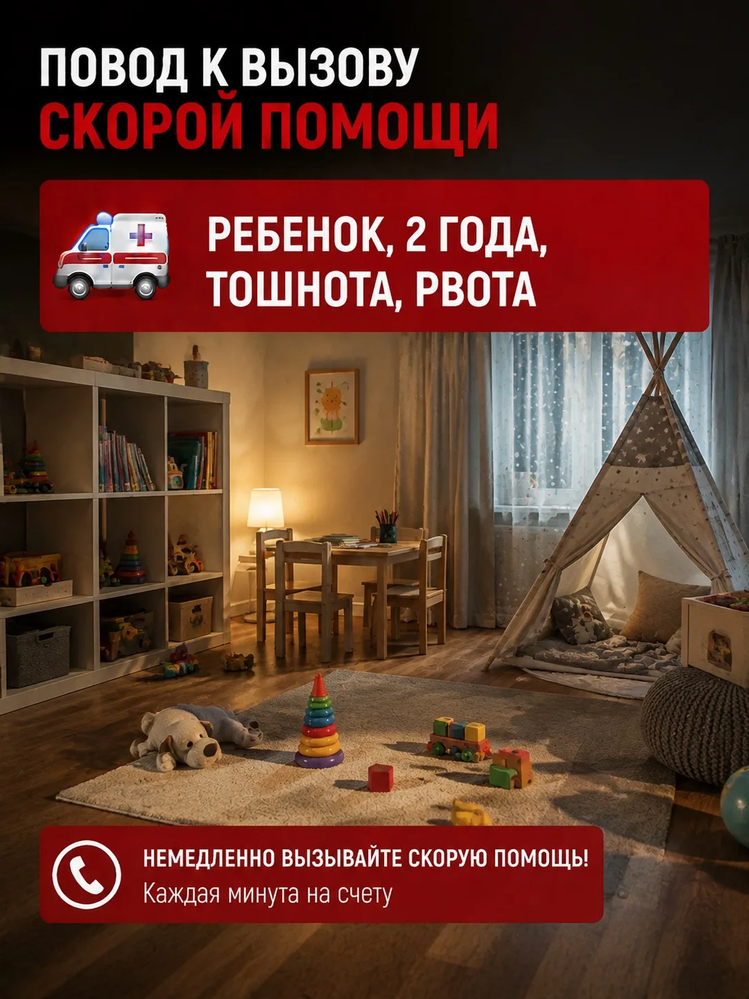 Повод к вызову скорой: Ребенок, 2 года, тошнота, рвота.