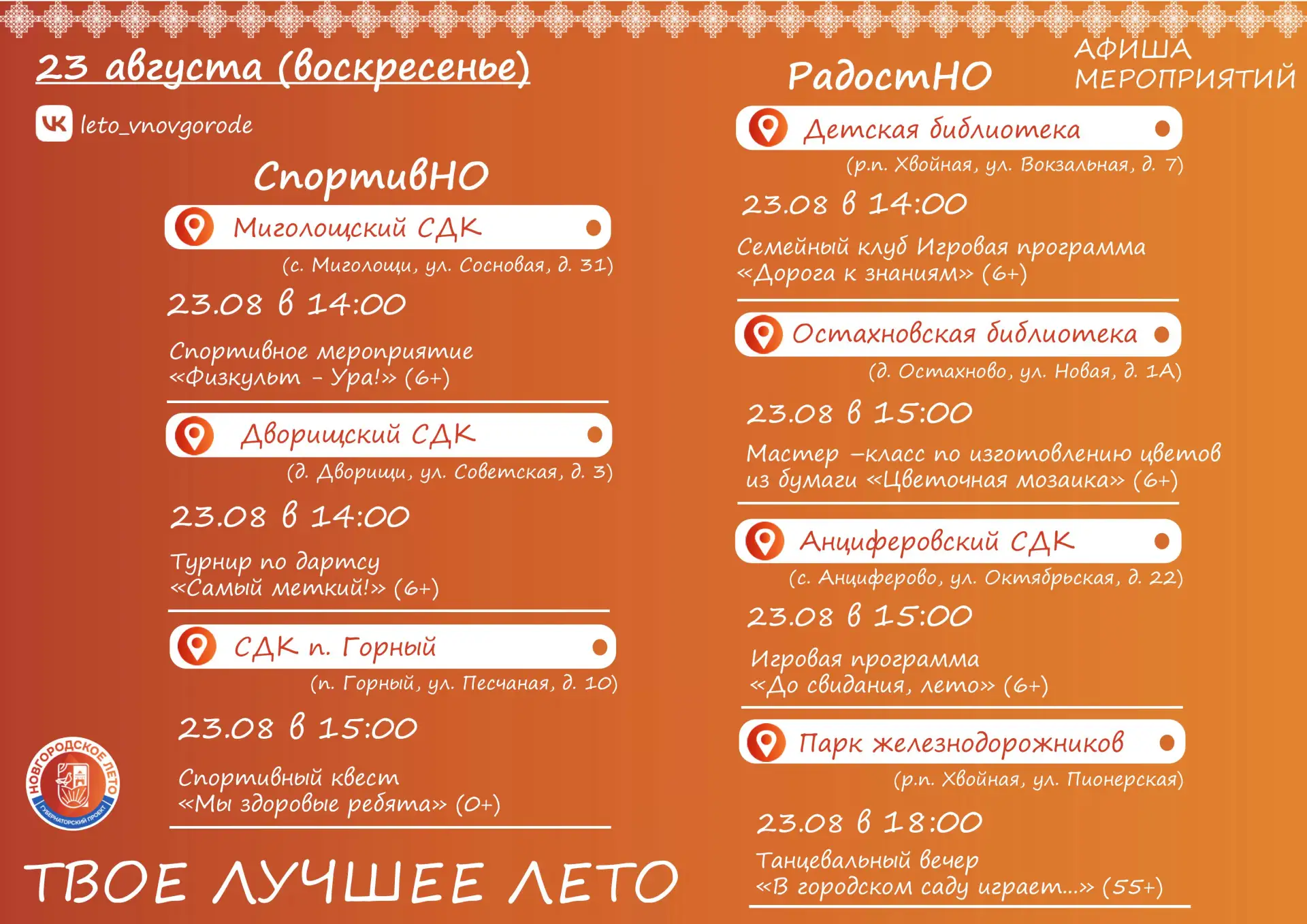Афиша мероприятий в рамках губернаторского проекта "Новгородское лето" на предстоящие в...