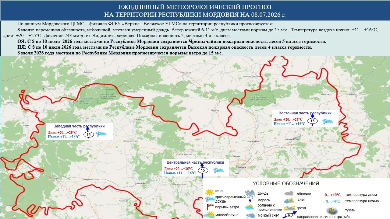 ☁️⛅⛈️ 8 июля в Мордовии переменная облачность, небольшой, местами умеренный дождь. Вете...