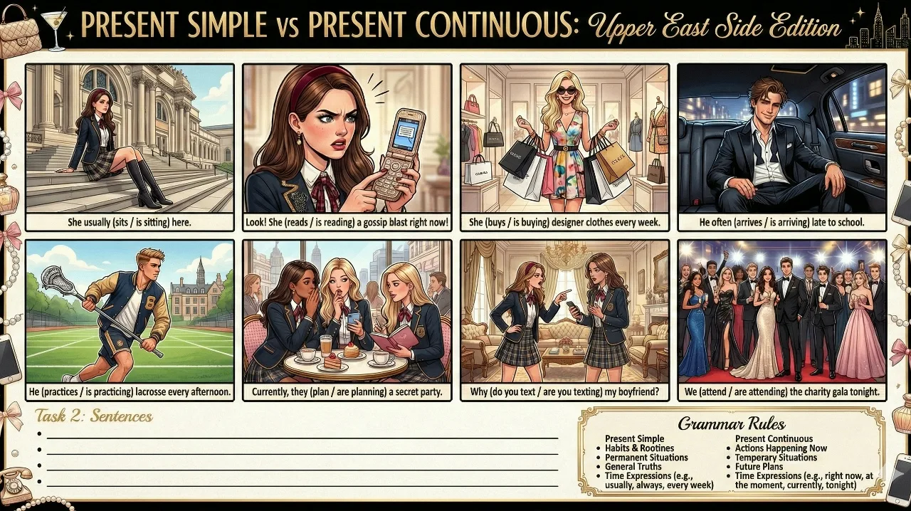 Gossip Girl Grammar: Present Simple vs Continuous

XOXO, дорогие. Сплетница не только рассказывает, 