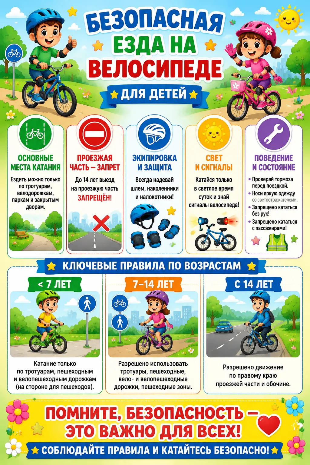 🌟Безопасная езда на велосипеде для детей 🌟🚲 Основные места для катания:
тротуары;
велодорожки;
па