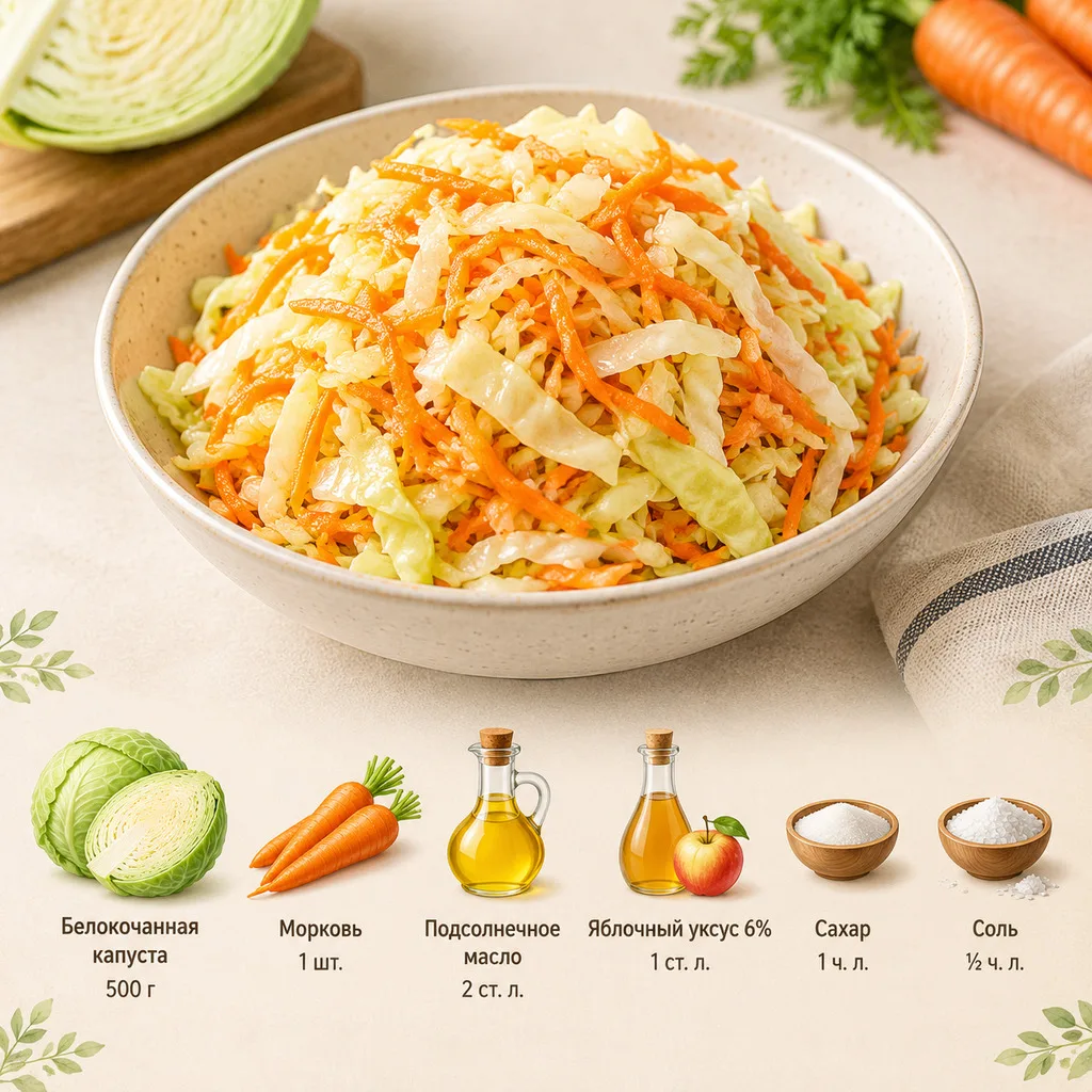 Капустный салат с морковью «Как в столовой» 🤤