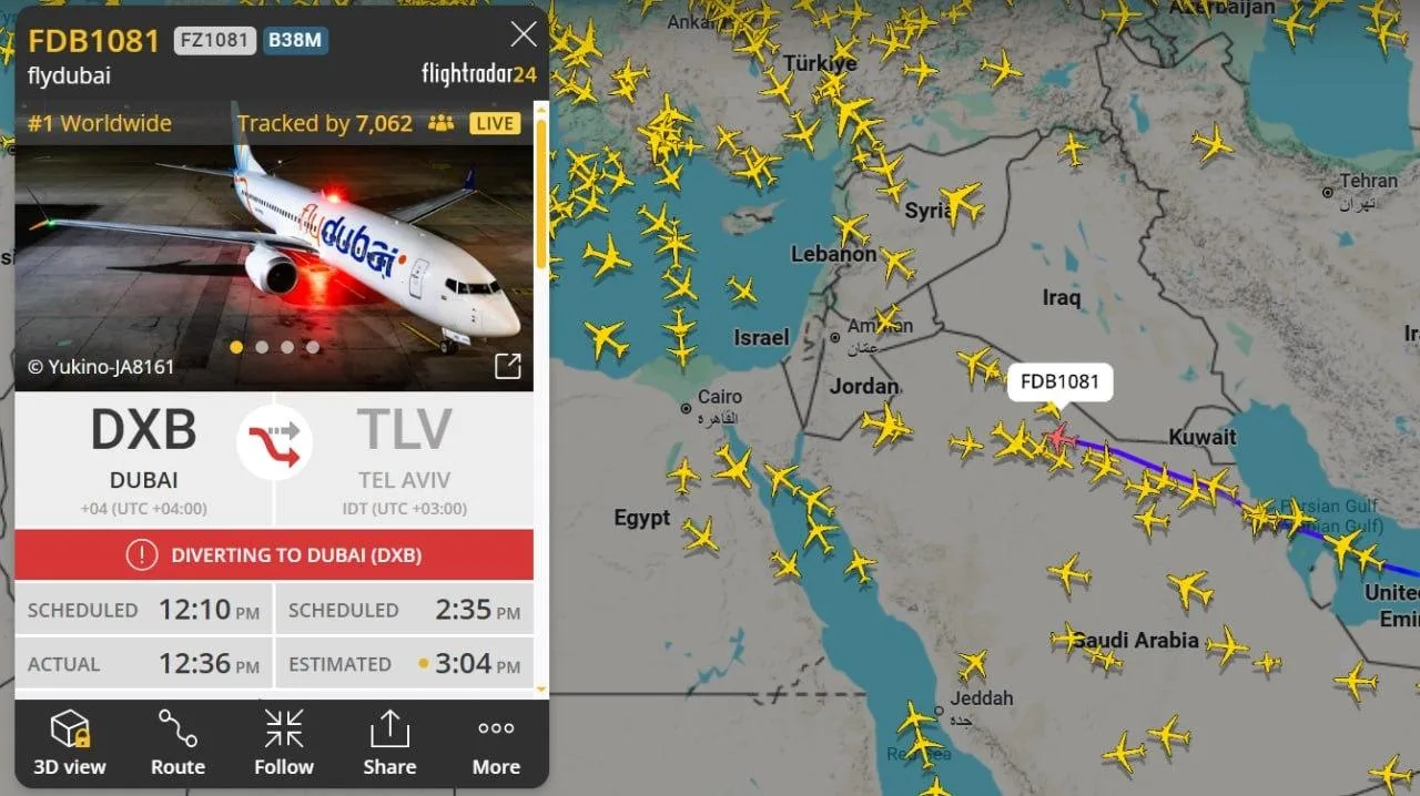 Ещё один Boeing авиакомпании Flydubai, следовавший из Дубая в Израиль, резко изменил ку...