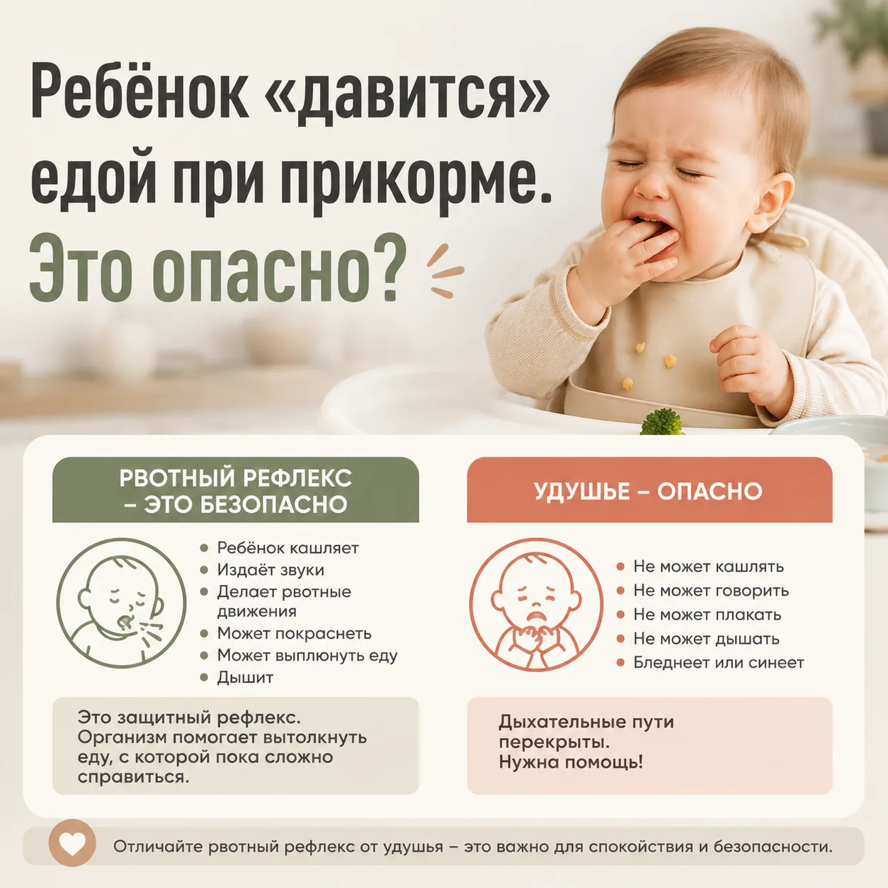 Ребёнок «давится» едой при прикорме. Это опасно?