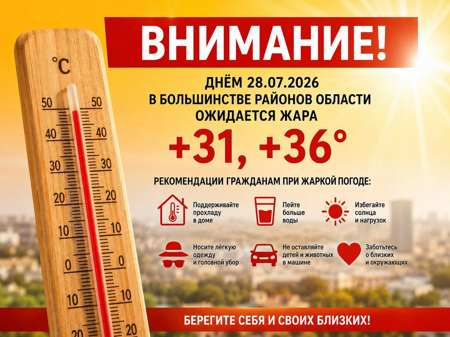 🌡️ Внимание! Жара

По прогнозу синоптиков, днём 28 июля в большинстве районов Оренбургской области 