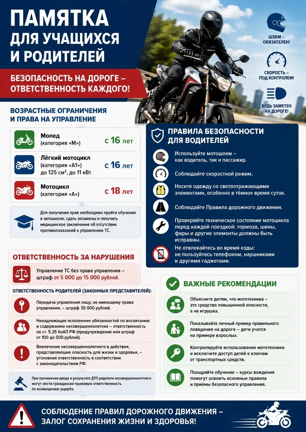 ❗️Памятка для учащихся и родителей: безопасность при управлении мототранспортом
⁣
Уважаемые родители