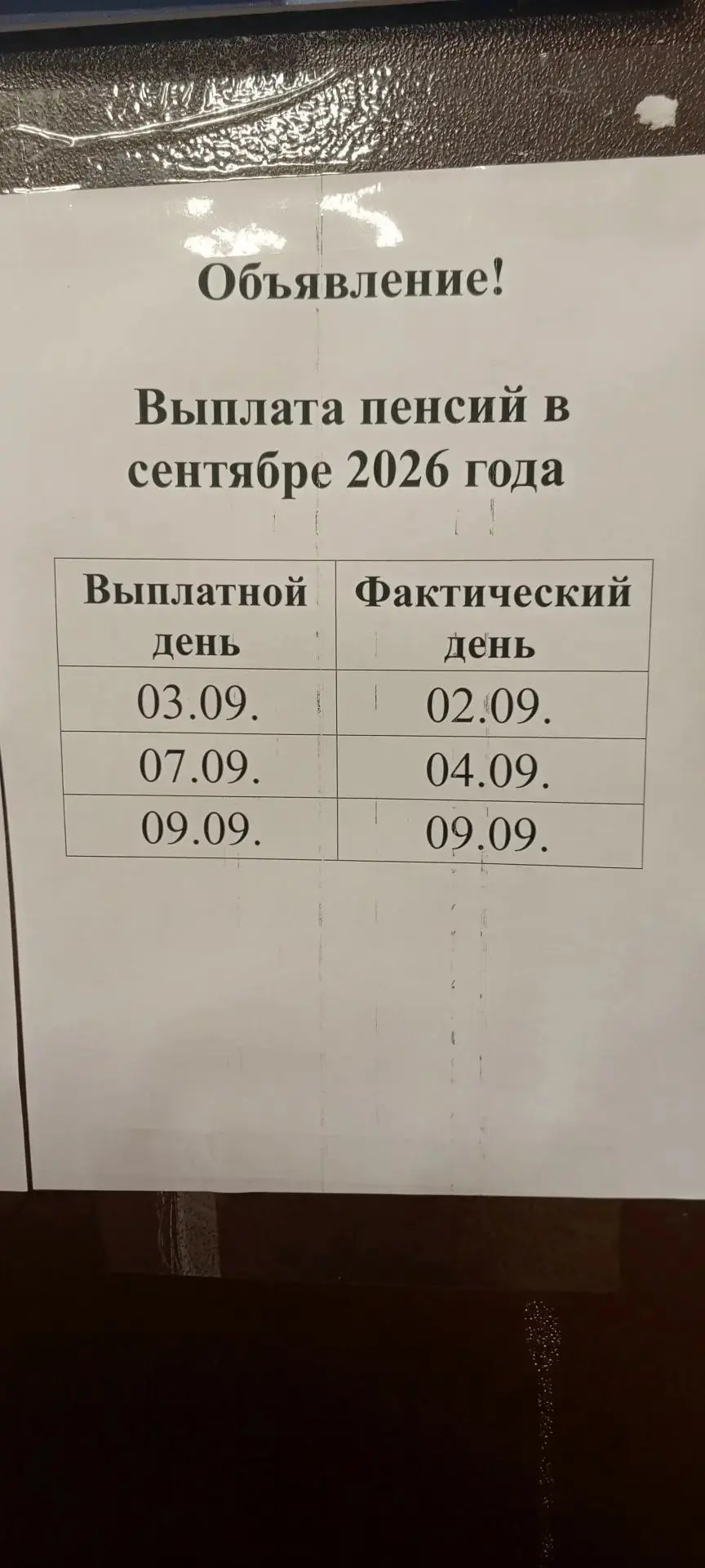 Информация от Знаменского отделения "Почта Росиии" о выплате пенсий в сентябре 2026 года