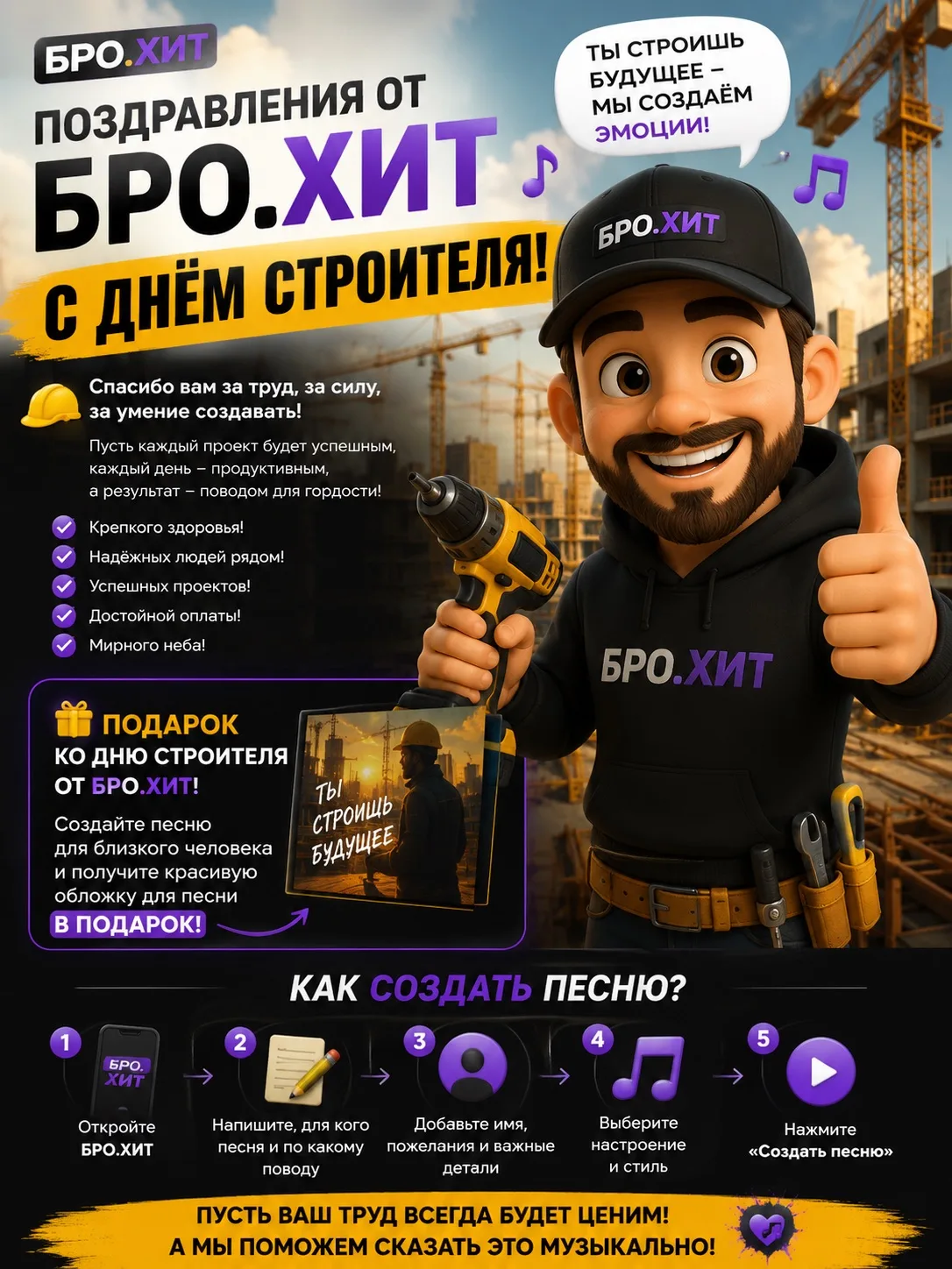 🏗️🎶 ПОЗДРАВЛЕНИЯ ОТ БРО.ХИТ С ДНЁМ СТРОИТЕЛЯ!