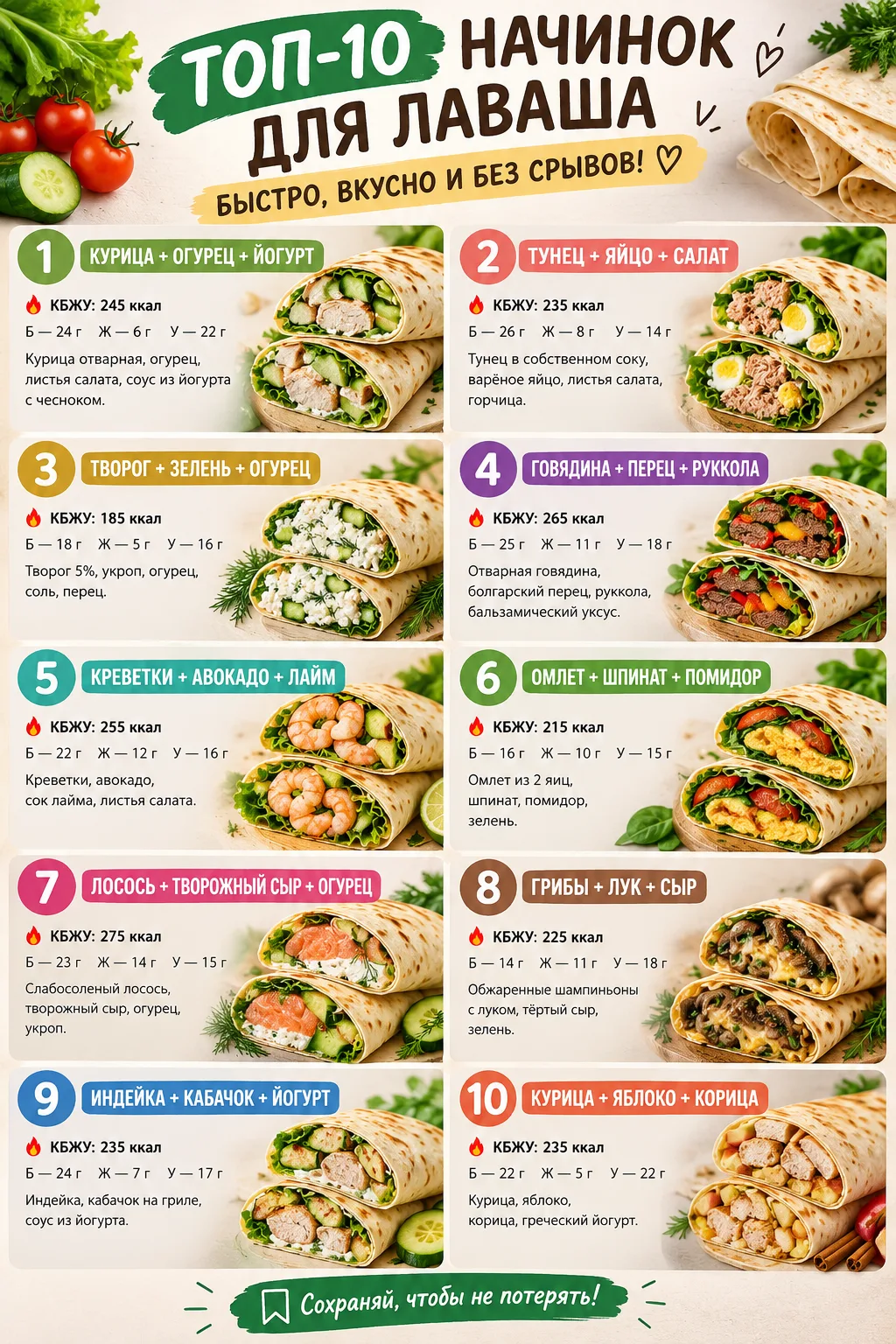 ТОП-10 НАЧИНОК ДЛЯ ЛАВАША — БЫСТРО, ВКУСНО И БЕЗ СРЫВОВ! 🌯✨