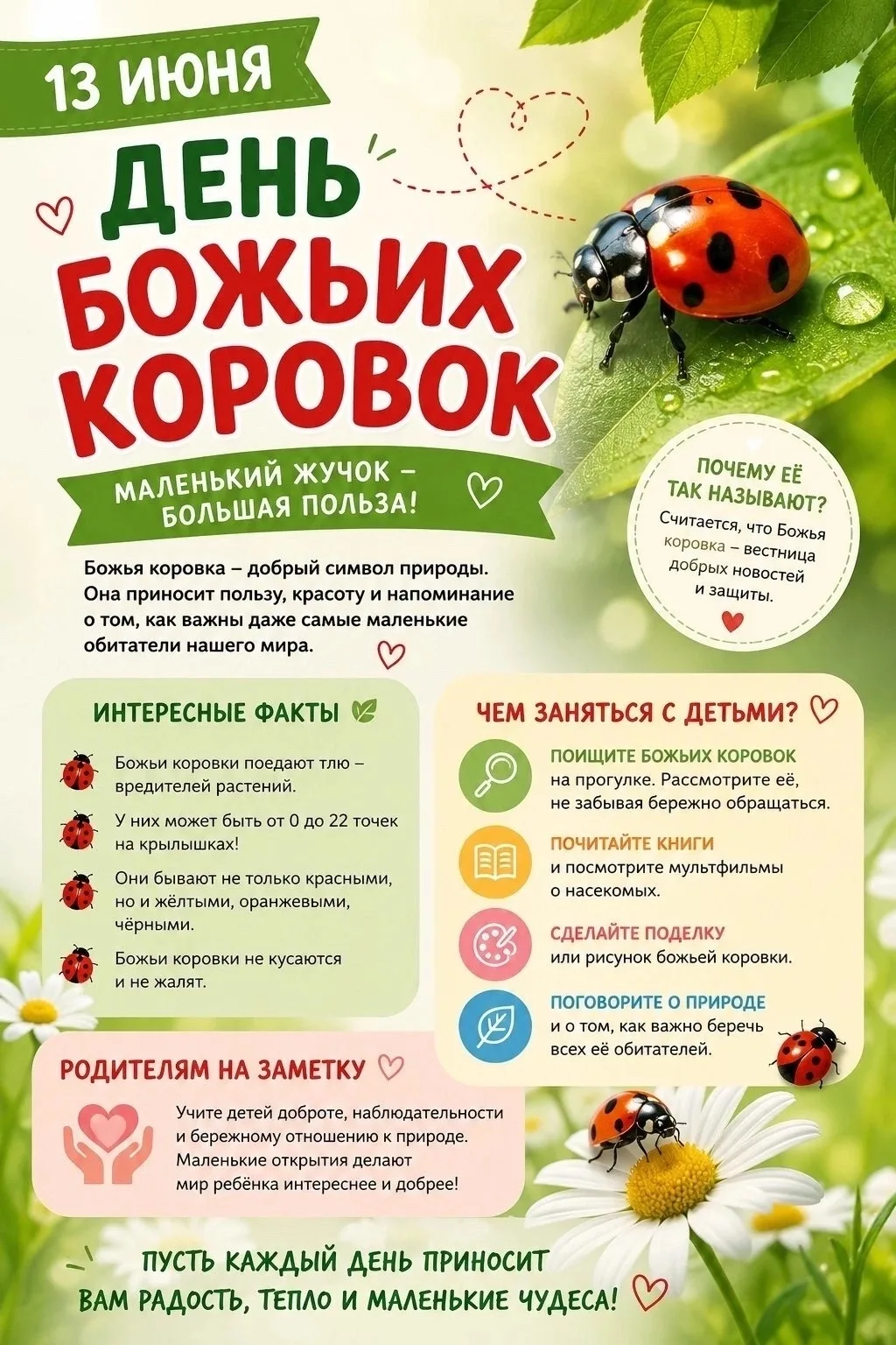🐞 Сегодня — самый милый праздник лета: 
День божьих коровок! ☀️

Эти яркие пятнистые жучки — одни и