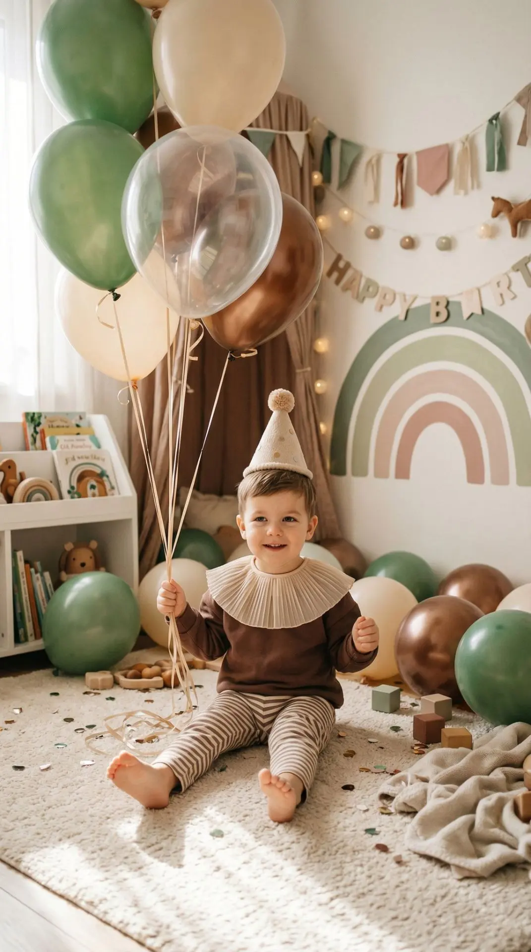 A small boy sits on the floor in a decorated room, his body turned frontally, legs extended forward,