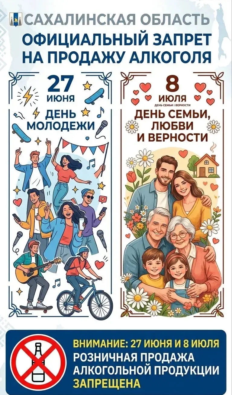 В День молодежи 27 июня и 8 июля 2026 года запрещена продажа алкогольной продукции❌
 
27 июня в день