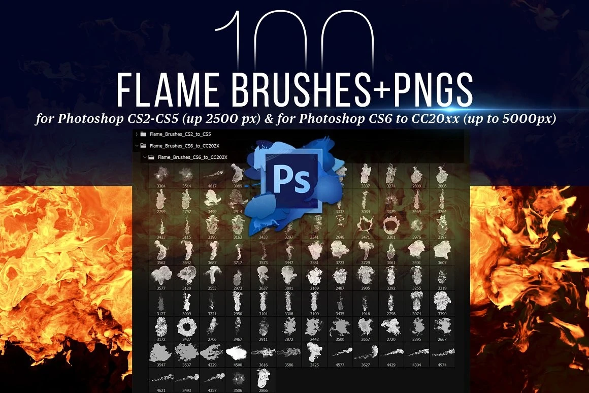 ✅ 100 Photoshop Flame Brushes + PNGs