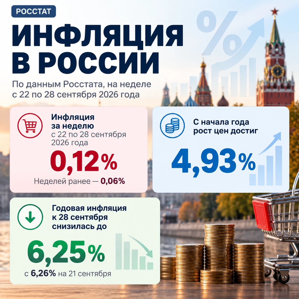 По данным Росстата, на неделе с 22 по 28 сентября 2026 года инфляция в России составила...