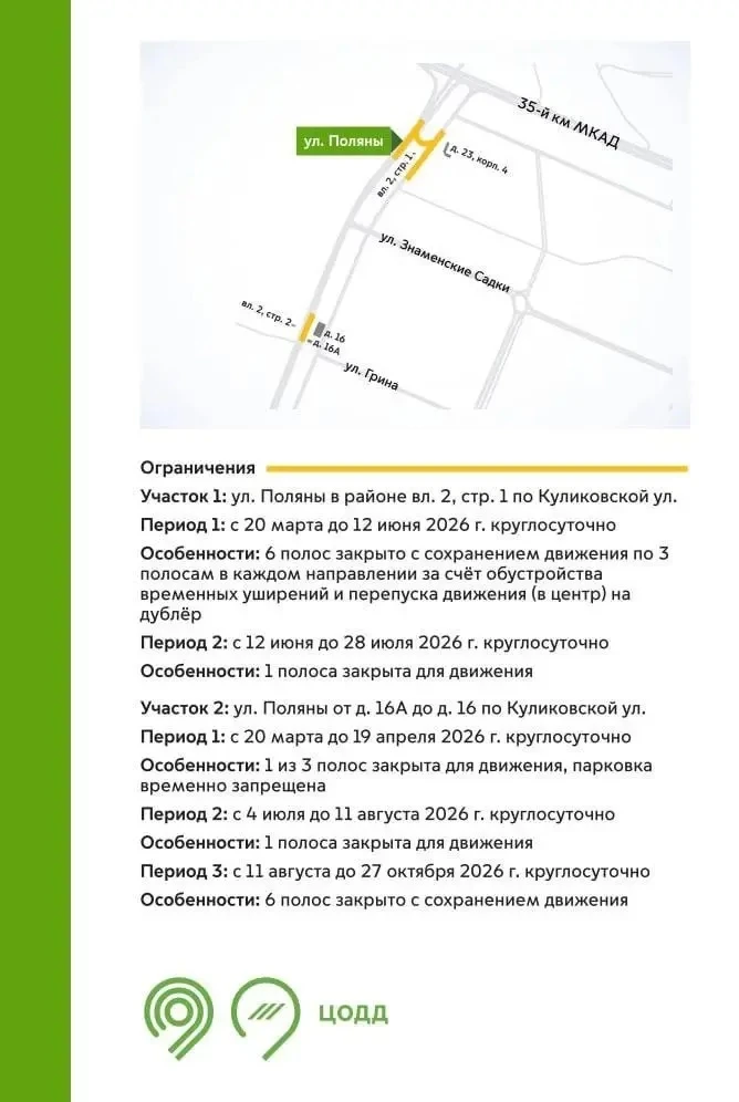 🚧 На улице Поляны из-за ремонта частично перекрыты от 1 до 6 полос движения